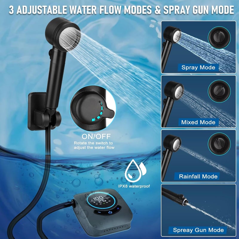 Spopal Portable Shower for Camping, [Upgraded] 8000mAh Rechargeable Camping Shower with 5 Adjustable Speeds, 4 Spray Modes, LED Display, IPX8 Waterproof Outdoor Shower Kit for Hiking, Travel, Car, Pet - Image 4
